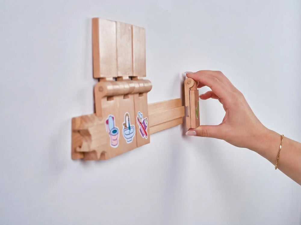 Close-up of Flipzy wooden hinge and stickers