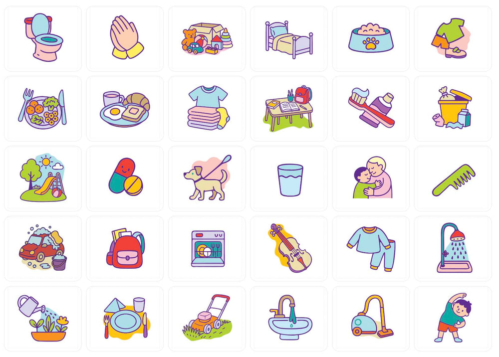 Grid of 30 Flipzy task sticker illustrations