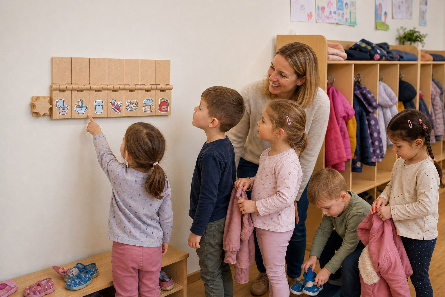 A group of children and an educator checking open task tiles during morning arrival