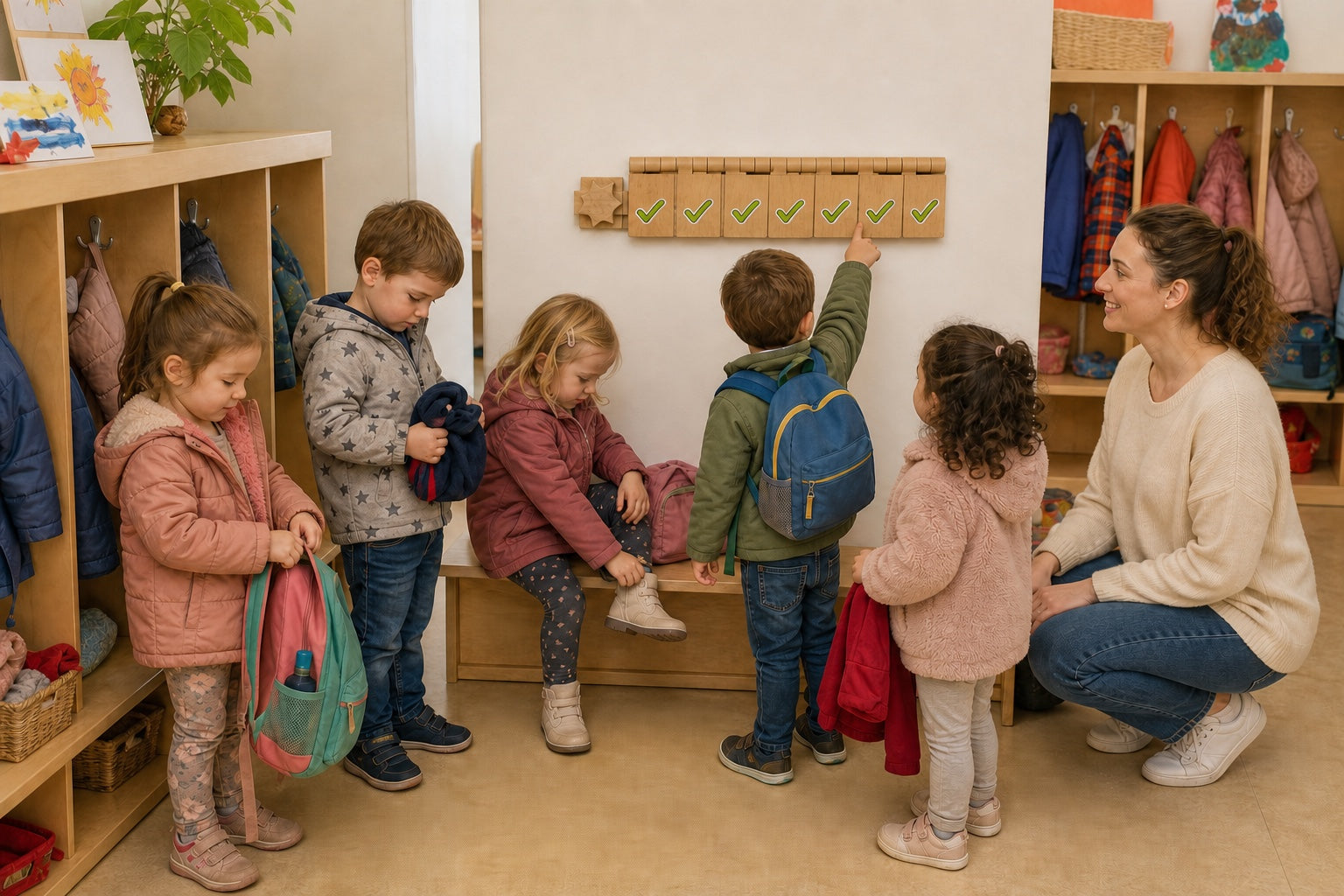 A group of children and an educator beside a completed Flipzy routine with closed green-check tiles