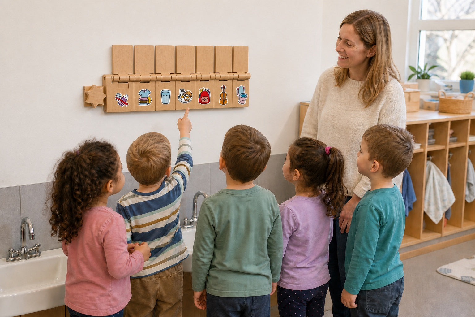 A group of children and an educator checking open self-care tasks beside the wash area