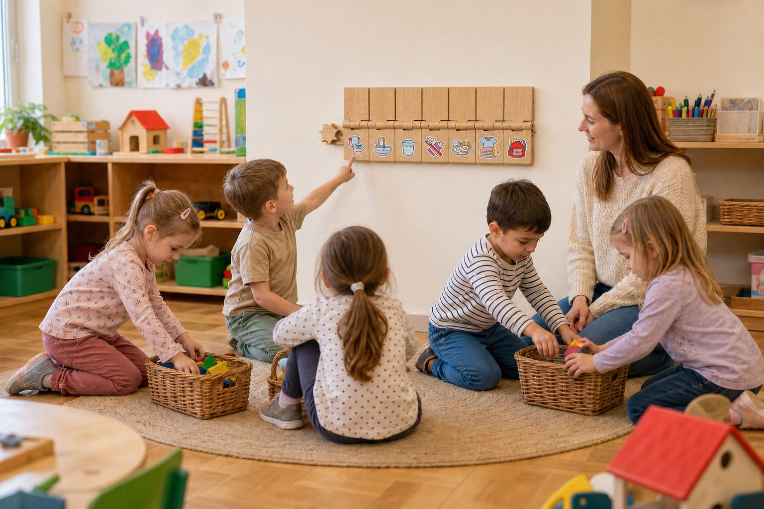 A group of children and an educator checking open tasks before an activity transition