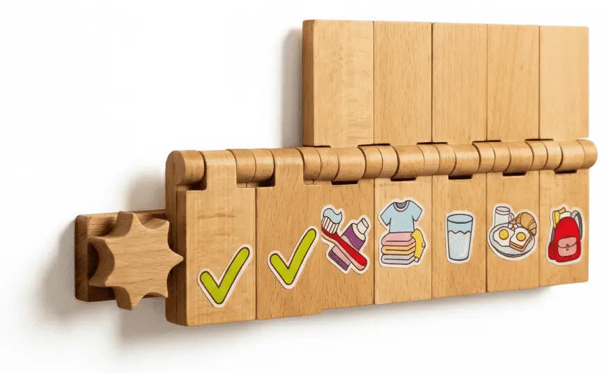 Authentic Flipzy wooden visual routine board with open task tiles and closed green-check tiles