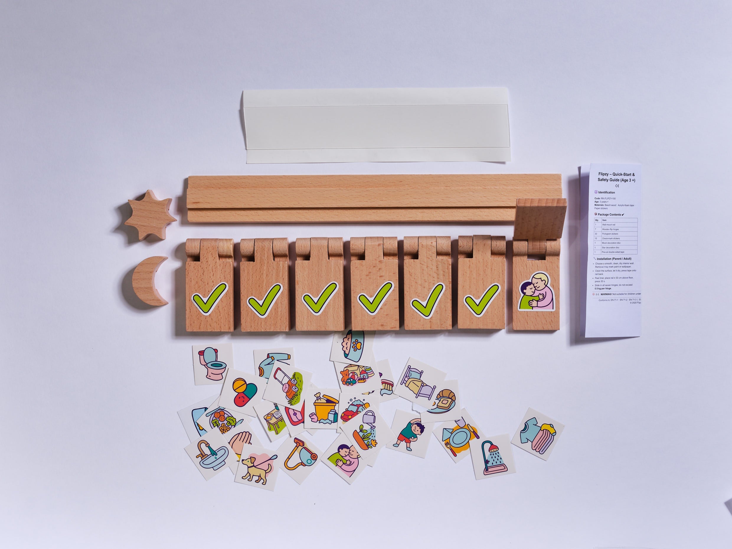 Complete Flipzy set with board, task tiles, picture stickers and mounting materials
