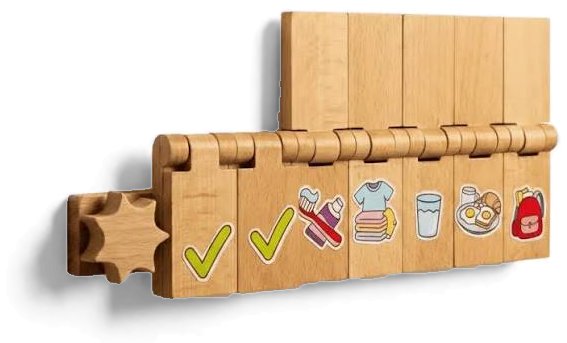 Flipzy wooden routine board with flipped task tiles