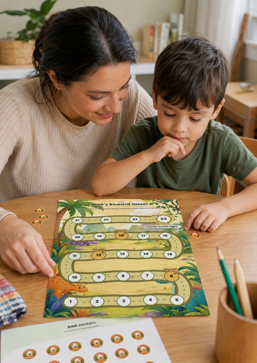 Parent calmly helping a child near a reward chart during an emotional moment