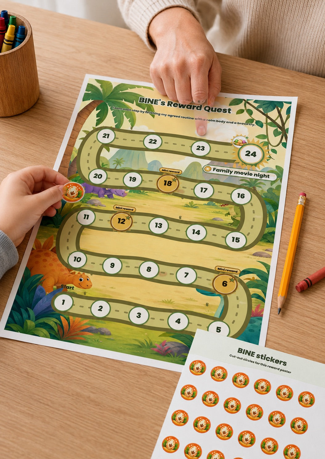 Parent giving a child a high five with a completed reward chart nearby