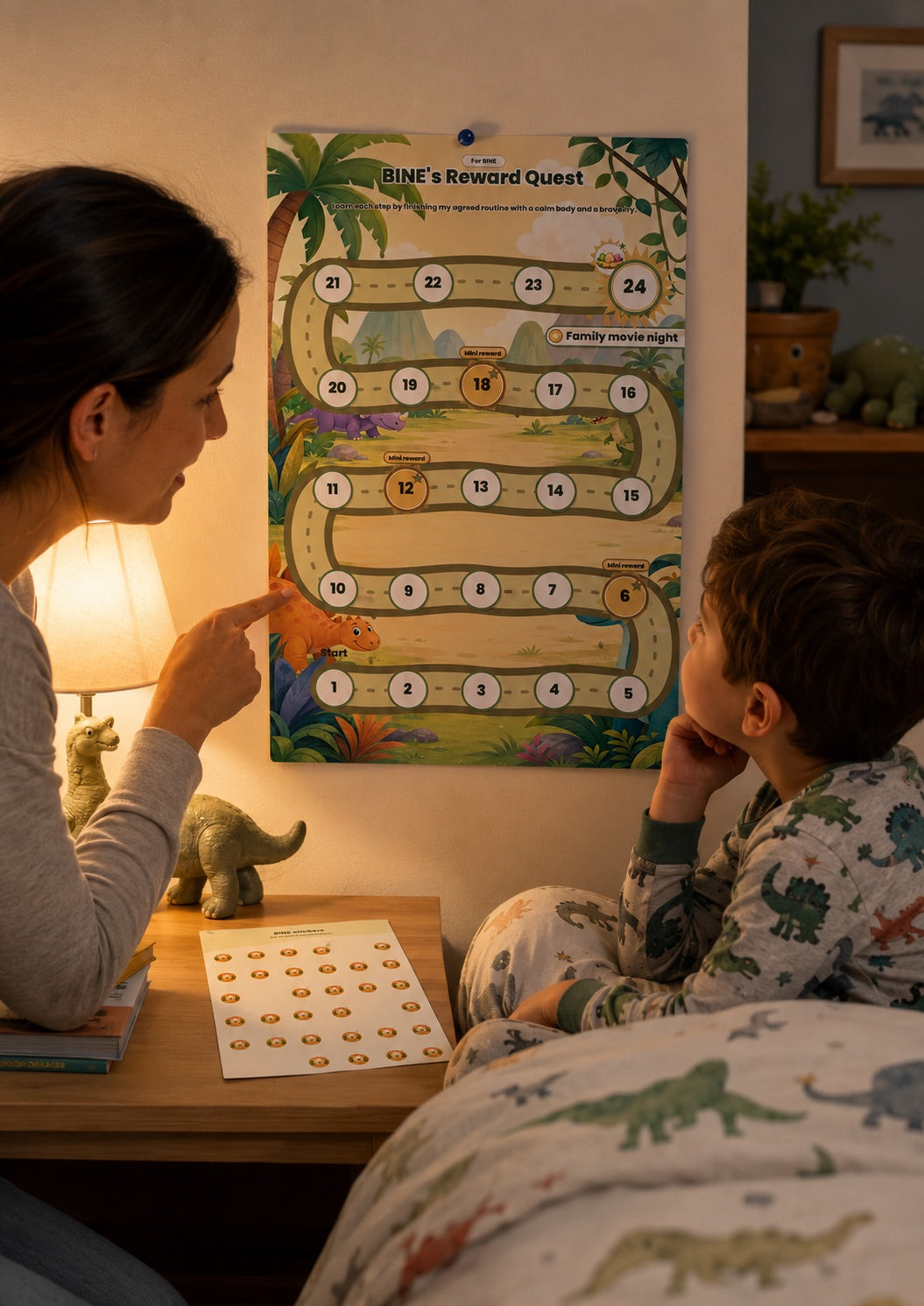 Parent and child looking at a printable reward chart with a matching sticker sheet