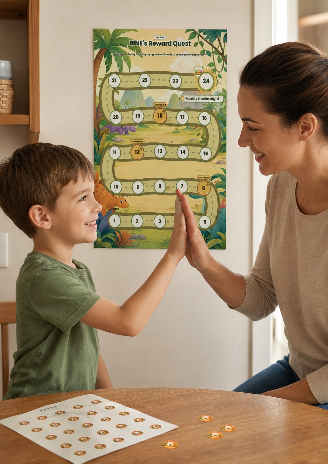 Parent and child choosing a clear goal for a printable reward chart