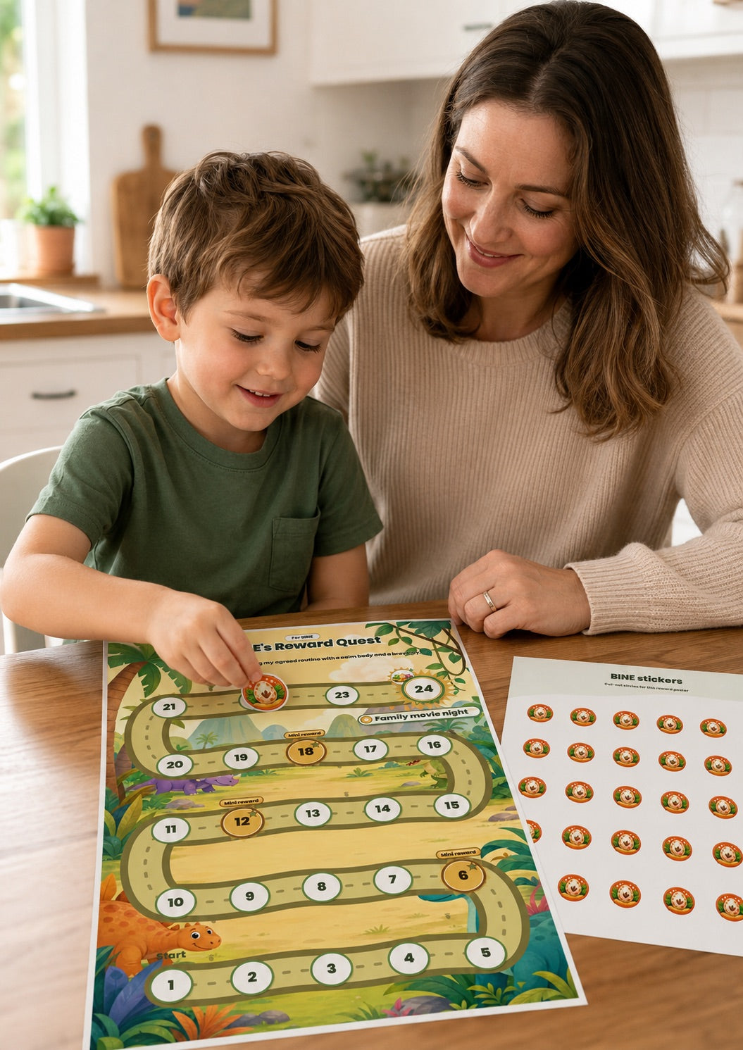 Parent and child calmly checking a reward chart and choosing the next small step